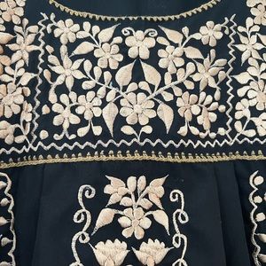 Traditional Mexican Dress. Embroiled. Midi length. All black and gold flowers.